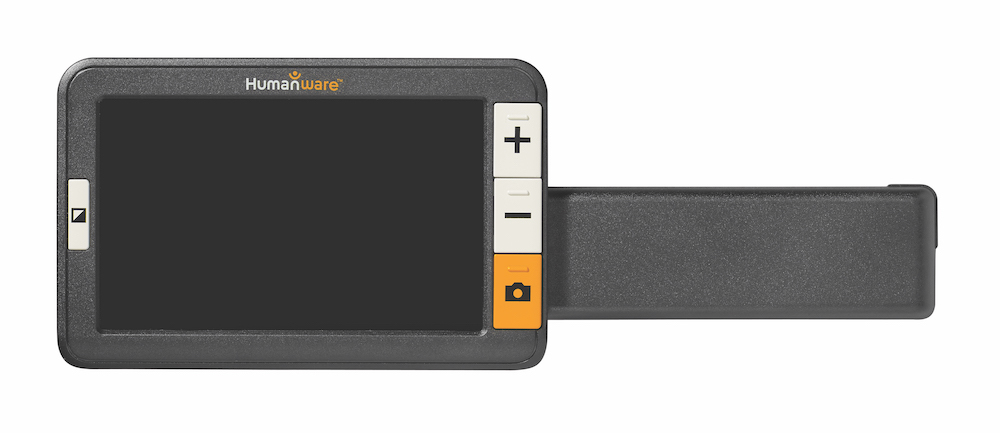 A Humanware Explore` 5, with the handle extended.