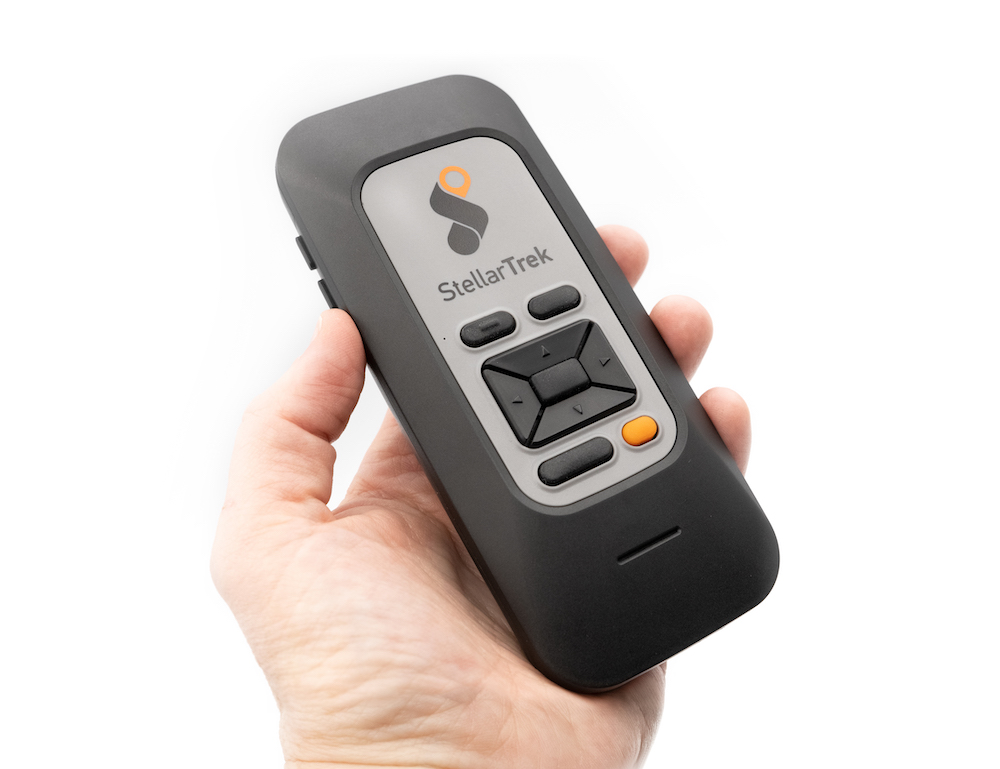 The Stellar Trek talking GPS unit in a hand.