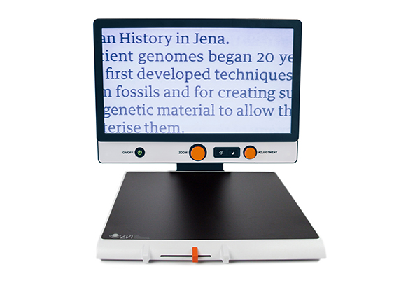 The LVI MagniLink One 2, folding desktop magnifier.